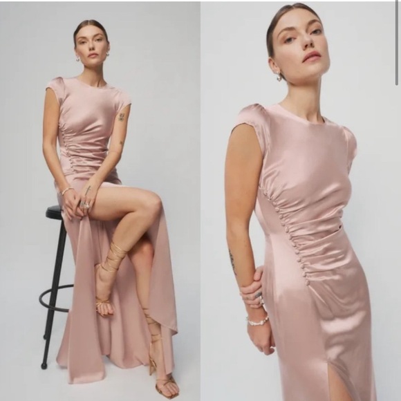 Reformation Birch Maxi Silk Dress Blush Crew Neck Ruched Side Slit - Picture 2 of 11